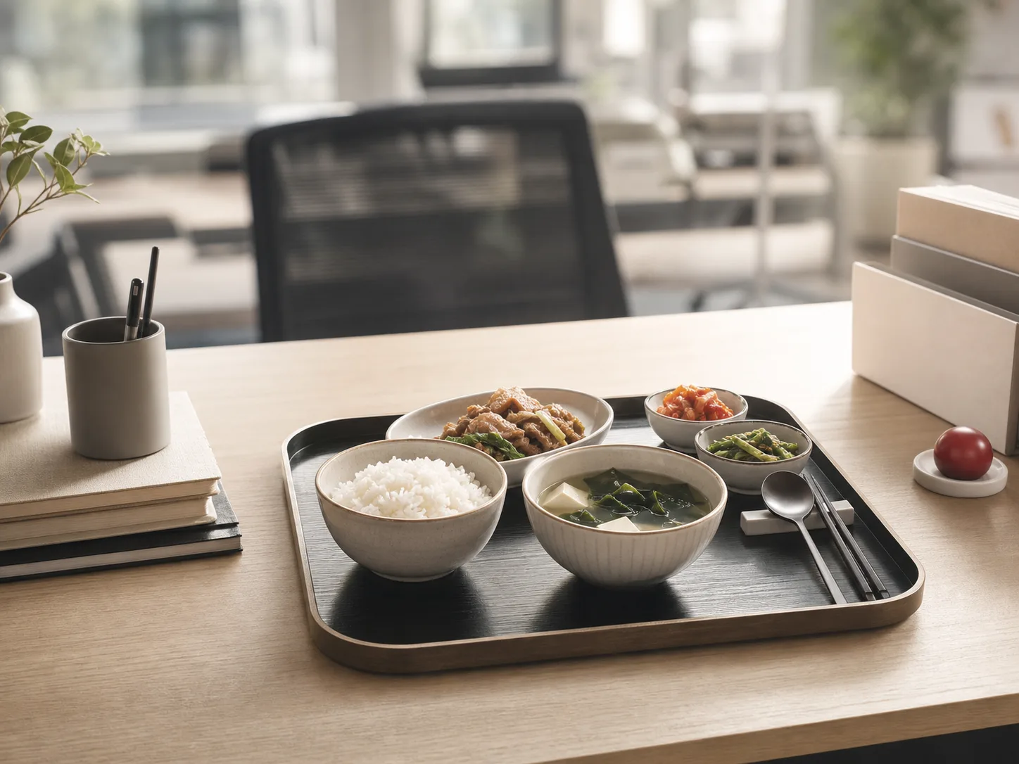 회사 책상 위에 놓인 혼밥 도시락