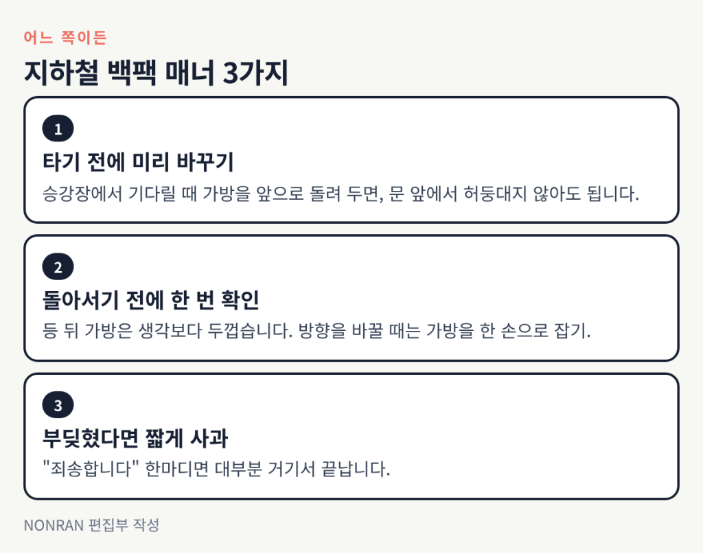 지하철 백팩 매너 3가지: 타기 전에 미리 앞으로 돌리기, 돌아서기 전에 가방 잡기, 부딪혔다면 짧게 사과하기