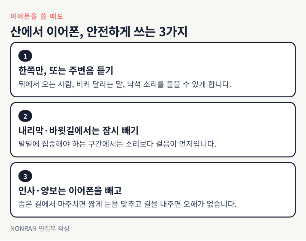 한쪽만 또는 주변음 듣기, 내리막과 바윗길에서는 잠시 빼기, 인사와 양보는 이어폰을 빼고
